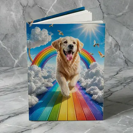 Golden Retriever Running on Rainbow Sky
