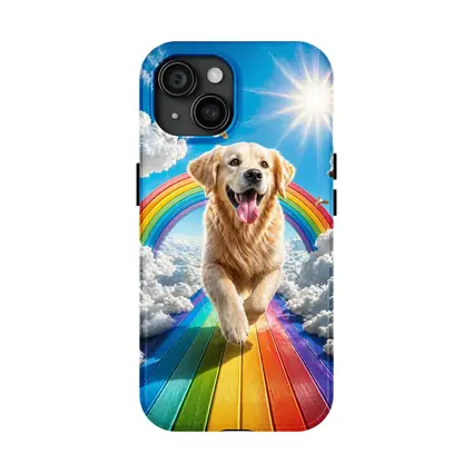 Golden Retriever Running on Rainbow Sky