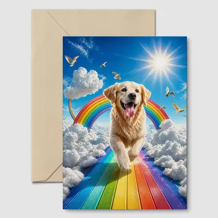 Golden Retriever Running on Rainbow Sky