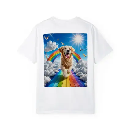 Golden Retriever Running on Rainbow Sky