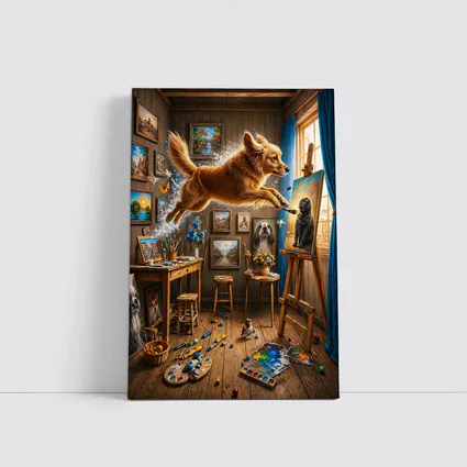 Golden Retriever Leaping Through Artist Studio