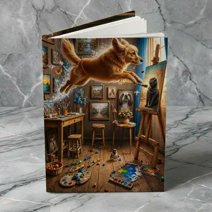 Golden Retriever Leaping Through Artist Studio
