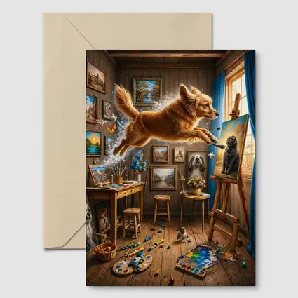 Golden Retriever Leaping Through Artist Studio