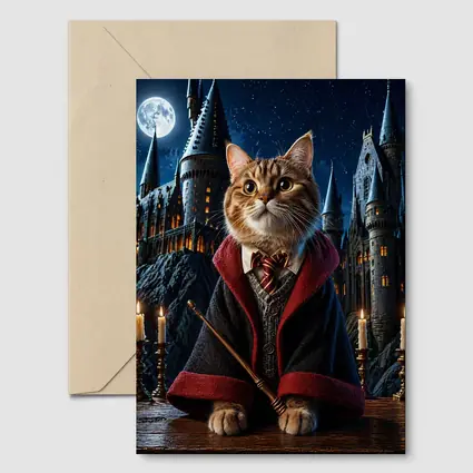 Wizard Cat in Hogwarts Castle Night