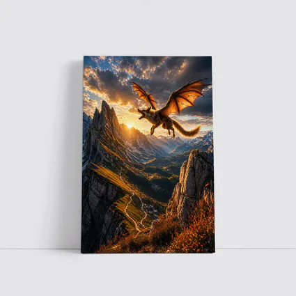 Dragon Wolf Flying Over Mountain Sunset