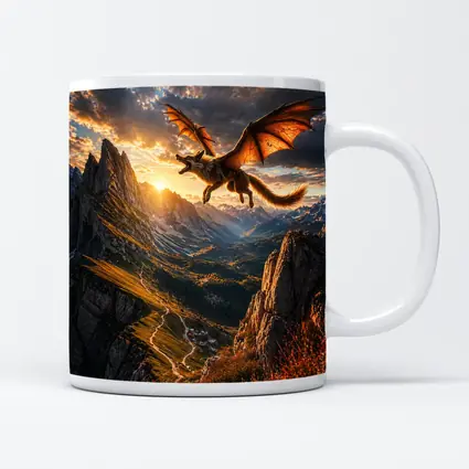 Dragon Wolf Flying Over Mountain Sunset