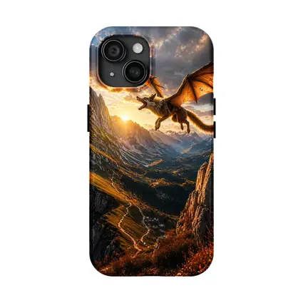 Dragon Wolf Flying Over Mountain Sunset