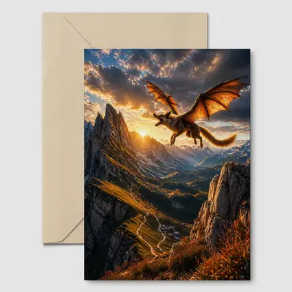 Dragon Wolf Flying Over Mountain Sunset