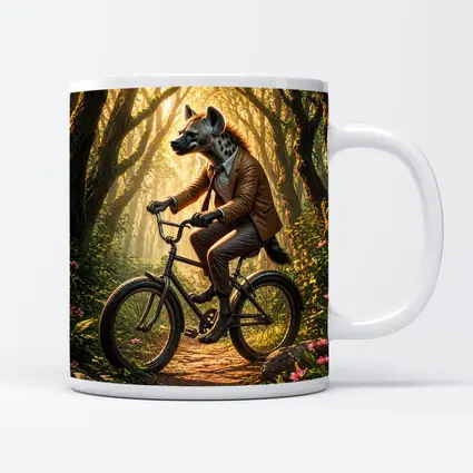 Hyena In Suit Riding Bicycle Forest