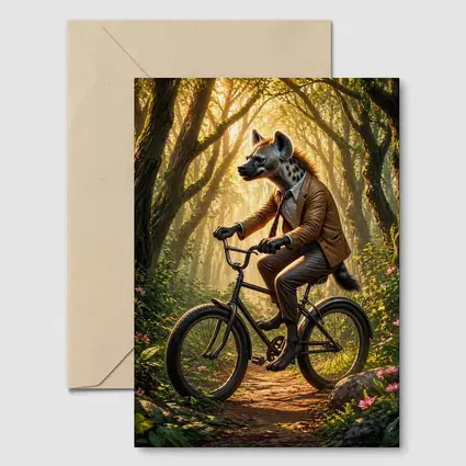 Hyena In Suit Riding Bicycle Forest
