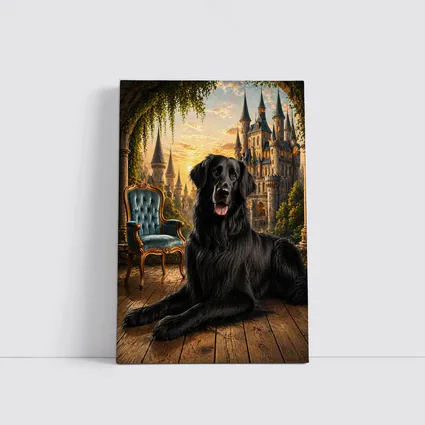 Black Flat Coated Retriever Fantasy Castle Sunset
