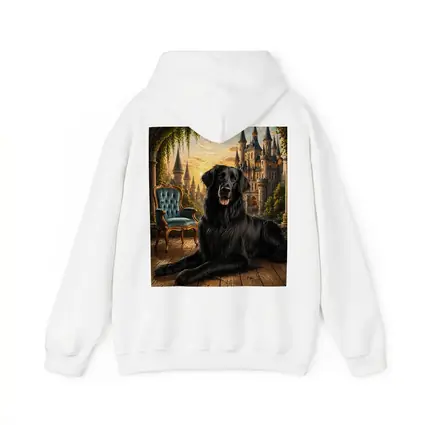 Black Flat Coated Retriever Fantasy Castle Sunset