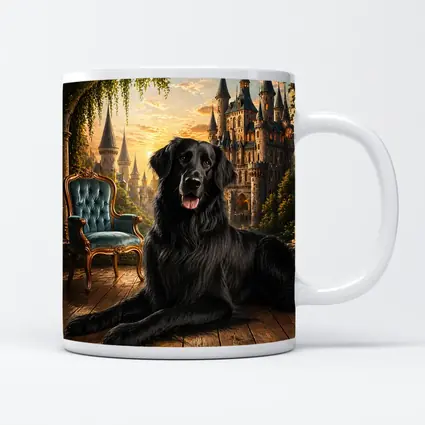 Black Flat Coated Retriever Fantasy Castle Sunset