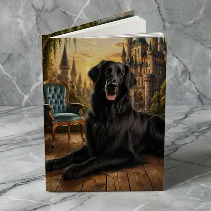 Black Flat Coated Retriever Fantasy Castle Sunset