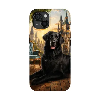 Black Flat Coated Retriever Fantasy Castle Sunset