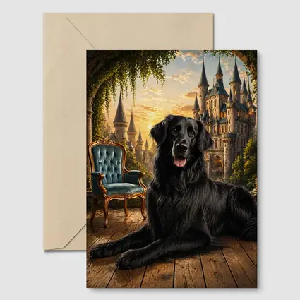 Black Flat Coated Retriever Fantasy Castle Sunset