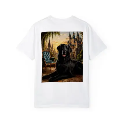 Black Flat Coated Retriever Fantasy Castle Sunset