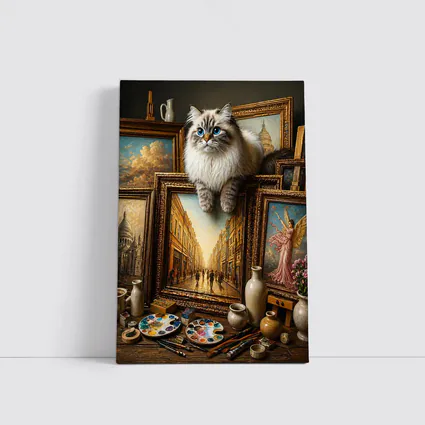 Ragdoll Cat Perched Among Classical Oil Paintings