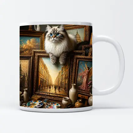 Ragdoll Cat Perched Among Classical Oil Paintings