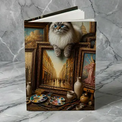 Ragdoll Cat Perched Among Classical Oil Paintings