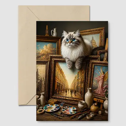 Ragdoll Cat Perched Among Classical Oil Paintings