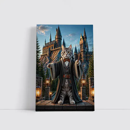 Wizard Cat Standing Before Magic Castle