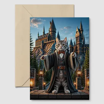 Wizard Cat Standing Before Magic Castle