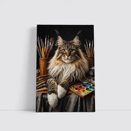 Maine Coon Cat Among Artist Painting Supplies