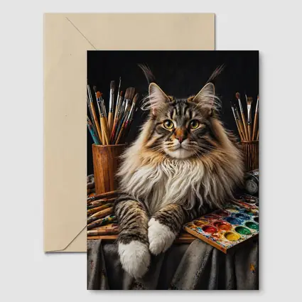 Maine Coon Cat Among Artist Painting Supplies
