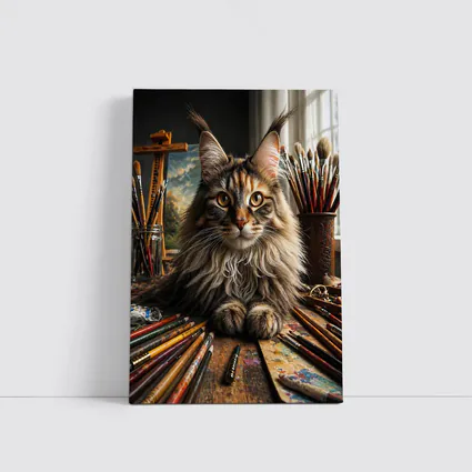 Maine Coon Cat Artist Studio With Brushes