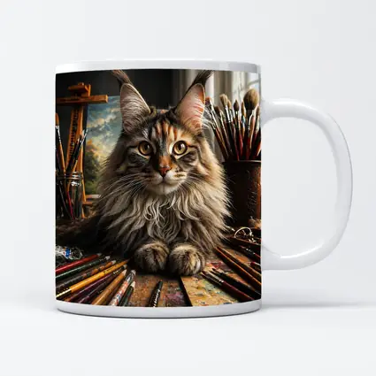 Maine Coon Cat Artist Studio With Brushes