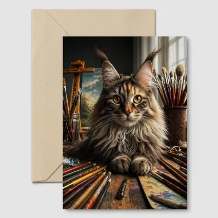 Maine Coon Cat Artist Studio With Brushes