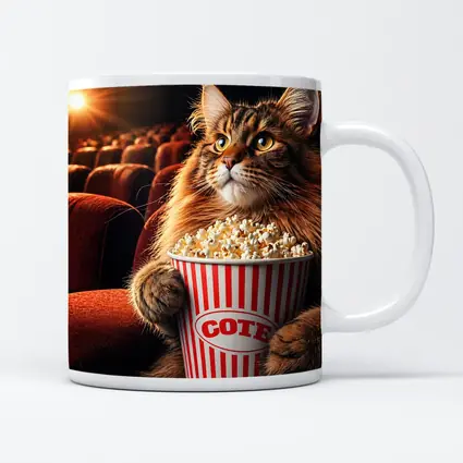 Maine Coon Cat Watching Movie With Popcorn