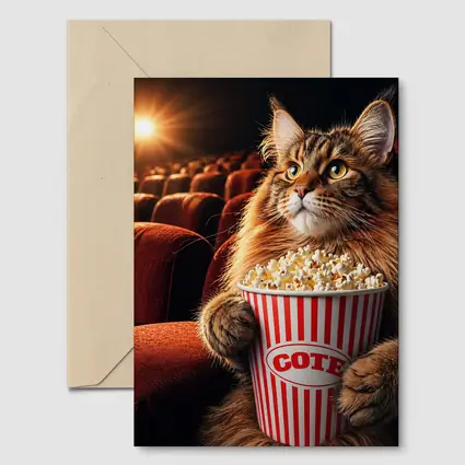 Maine Coon Cat Watching Movie With Popcorn