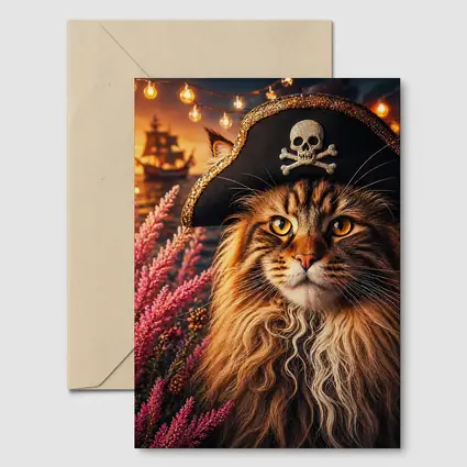 Maine Coon Pirate Cat Sunset Ship Scene