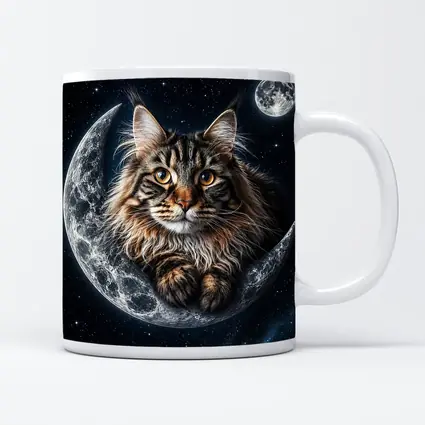 Maine Coon Cat Resting On Crescent Moon