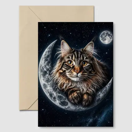 Maine Coon Cat Resting On Crescent Moon