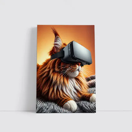 Maine Coon Cat Wearing VR Headset Orange Background