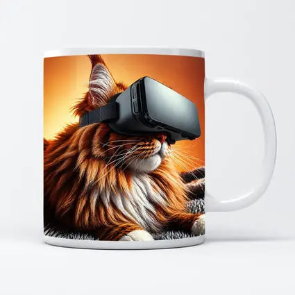 Maine Coon Cat Wearing VR Headset Orange Background