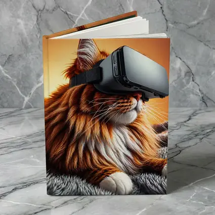 Maine Coon Cat Wearing VR Headset Orange Background
