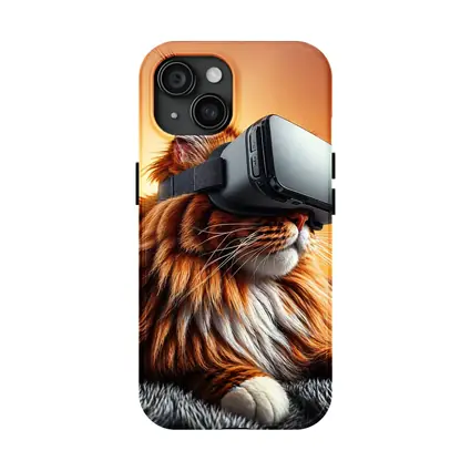 Maine Coon Cat Wearing VR Headset Orange Background