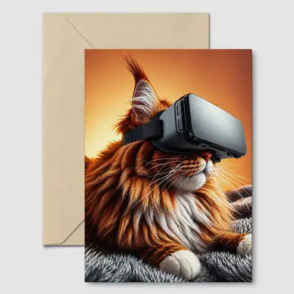 Maine Coon Cat Wearing VR Headset Orange Background