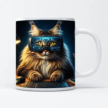 Maine Coon Cat Wearing VR Headset Gaming