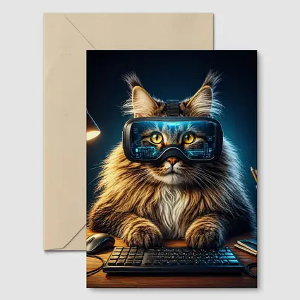Maine Coon Cat Wearing VR Headset Gaming