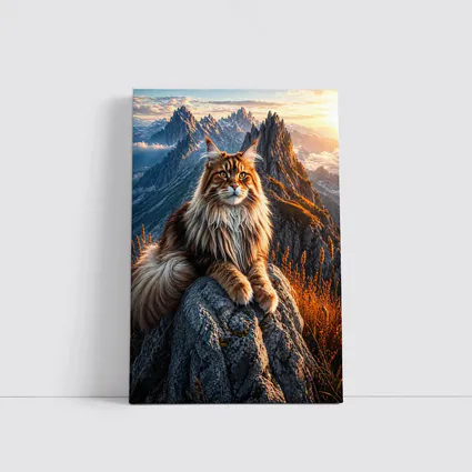 Maine Coon Cat Sitting On Mountain Peak