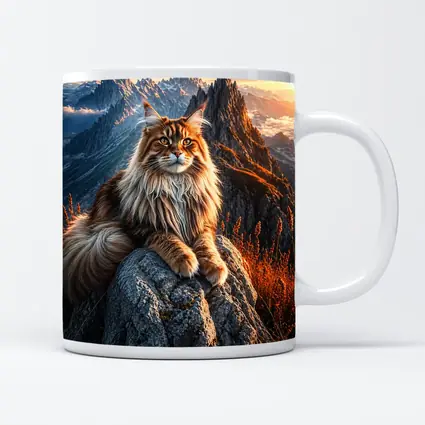 Maine Coon Cat Sitting On Mountain Peak