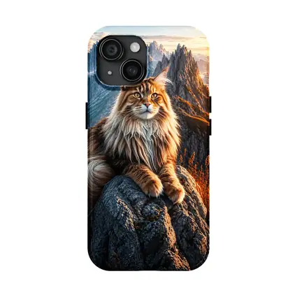 Maine Coon Cat Sitting On Mountain Peak
