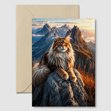 Maine Coon Cat Sitting On Mountain Peak