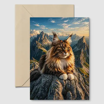 Maine Coon Cat Sitting On Mountain Summit