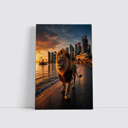 Lion Walking City Waterfront At Sunset